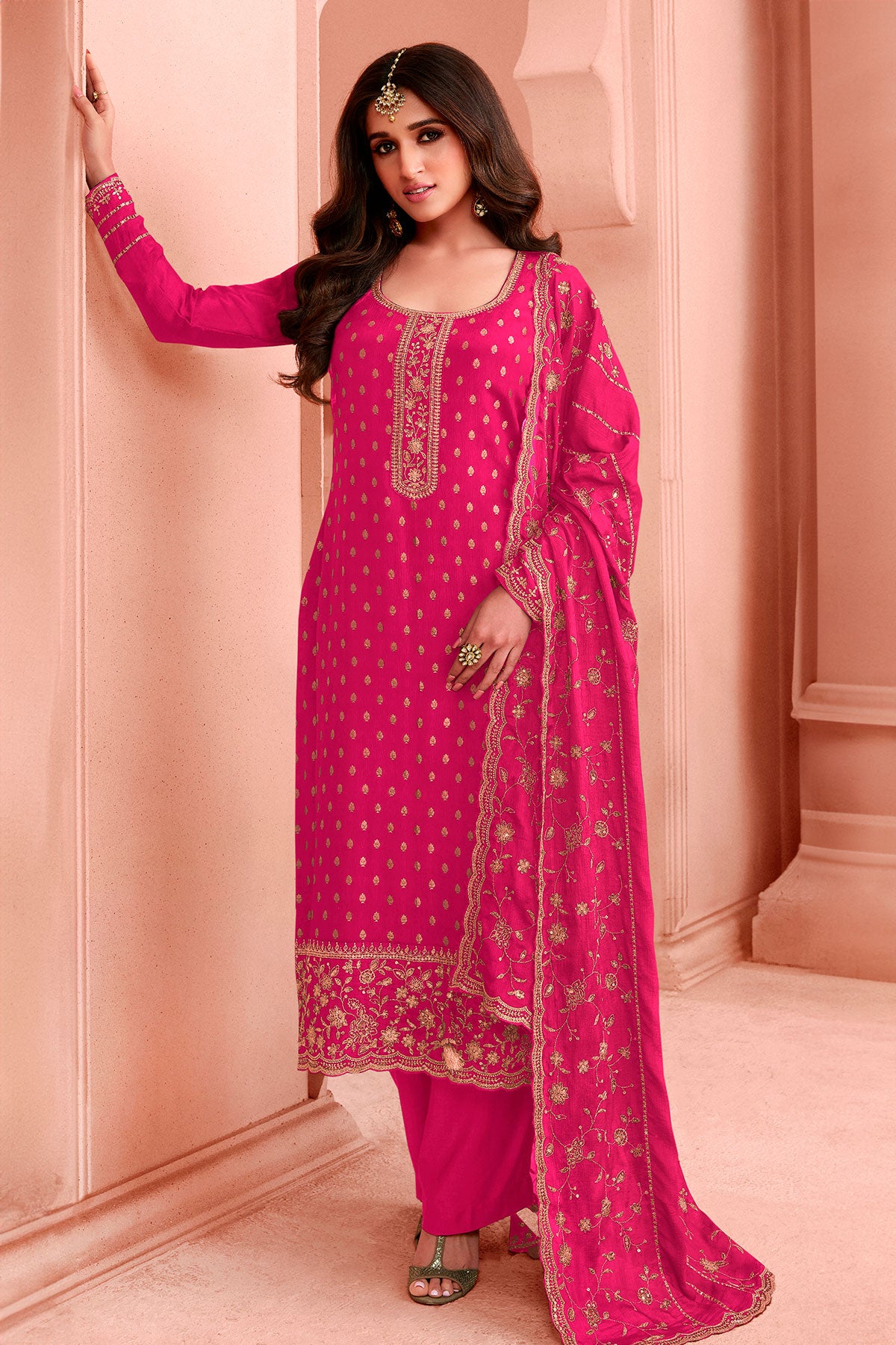Pink Dola Silk Zari and Sequins Embroidered Suit Set
