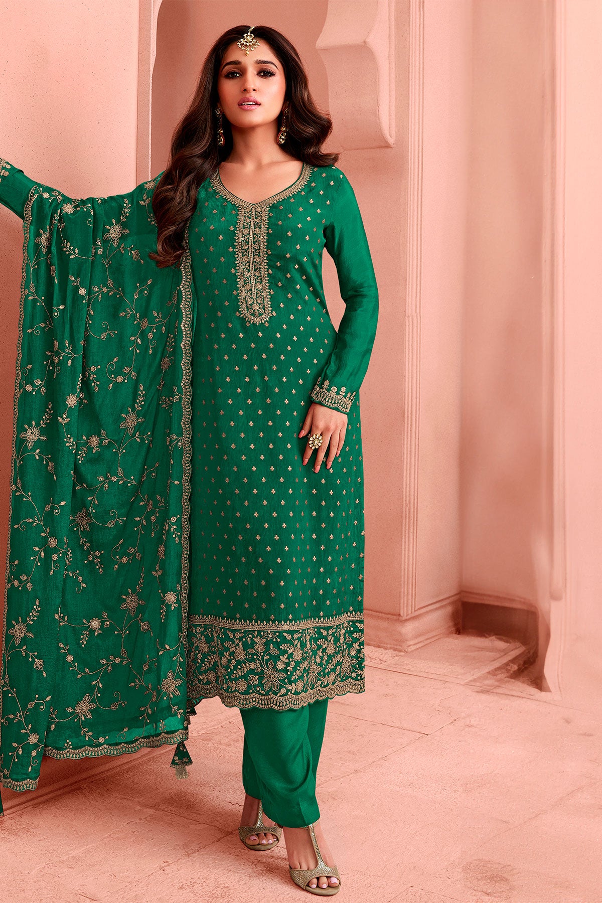 Green Dola Silk Zari and Sequins Embroidered Suit Set