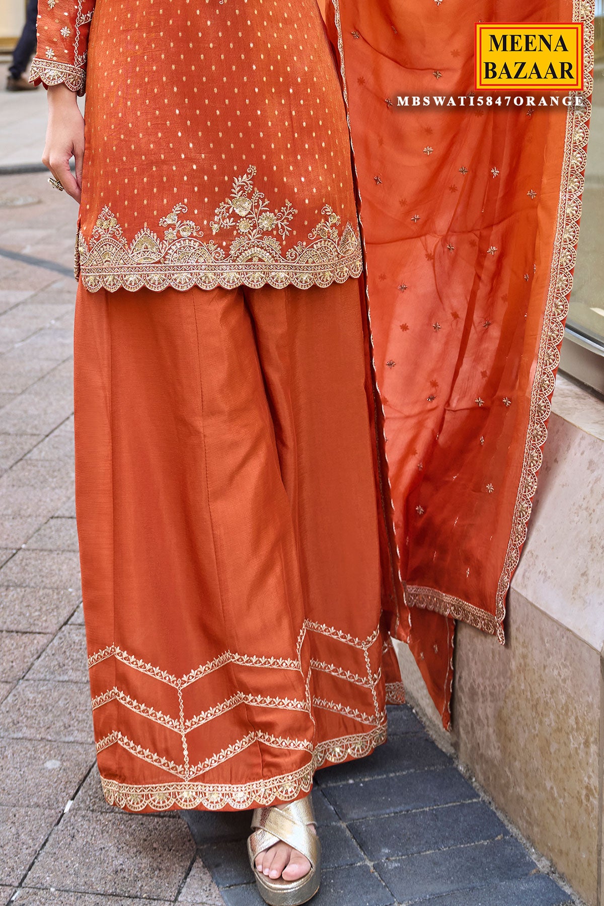 Orange Embroidered Sharara Ready Made Suit with Dupatta