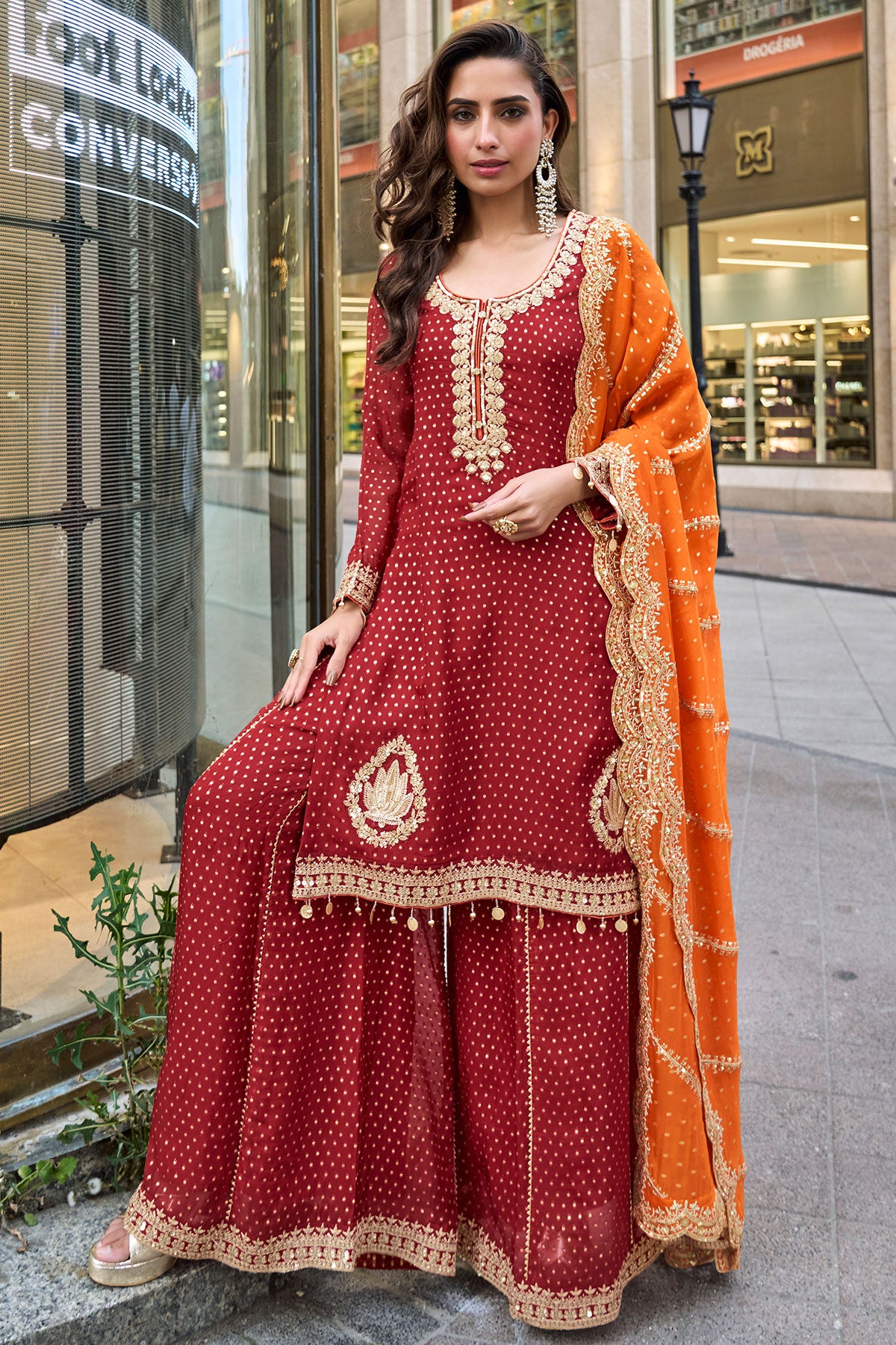 Crimson Red Embroidered Sharara Ready Made Suit with Orange Dupatta