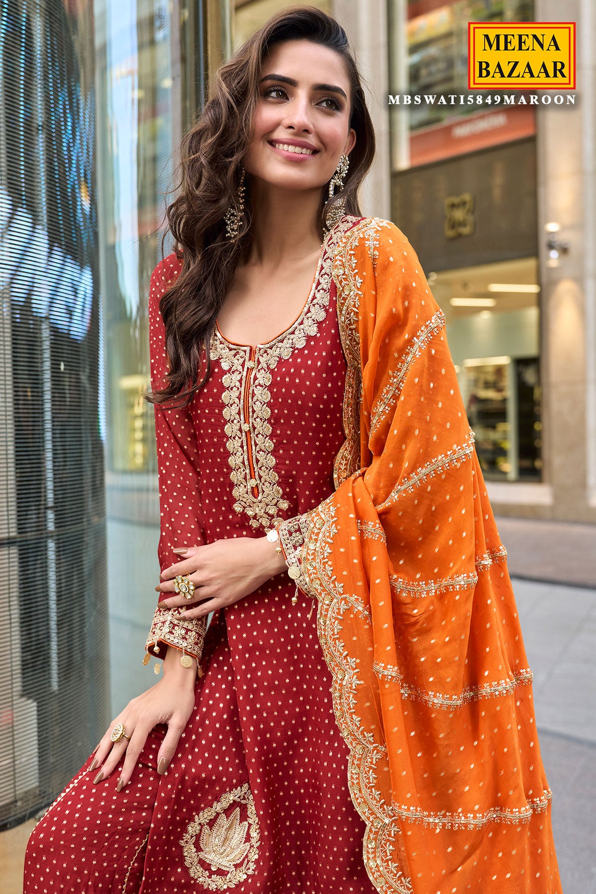 Crimson Red Embroidered Sharara Ready Made Suit with Orange Dupatta