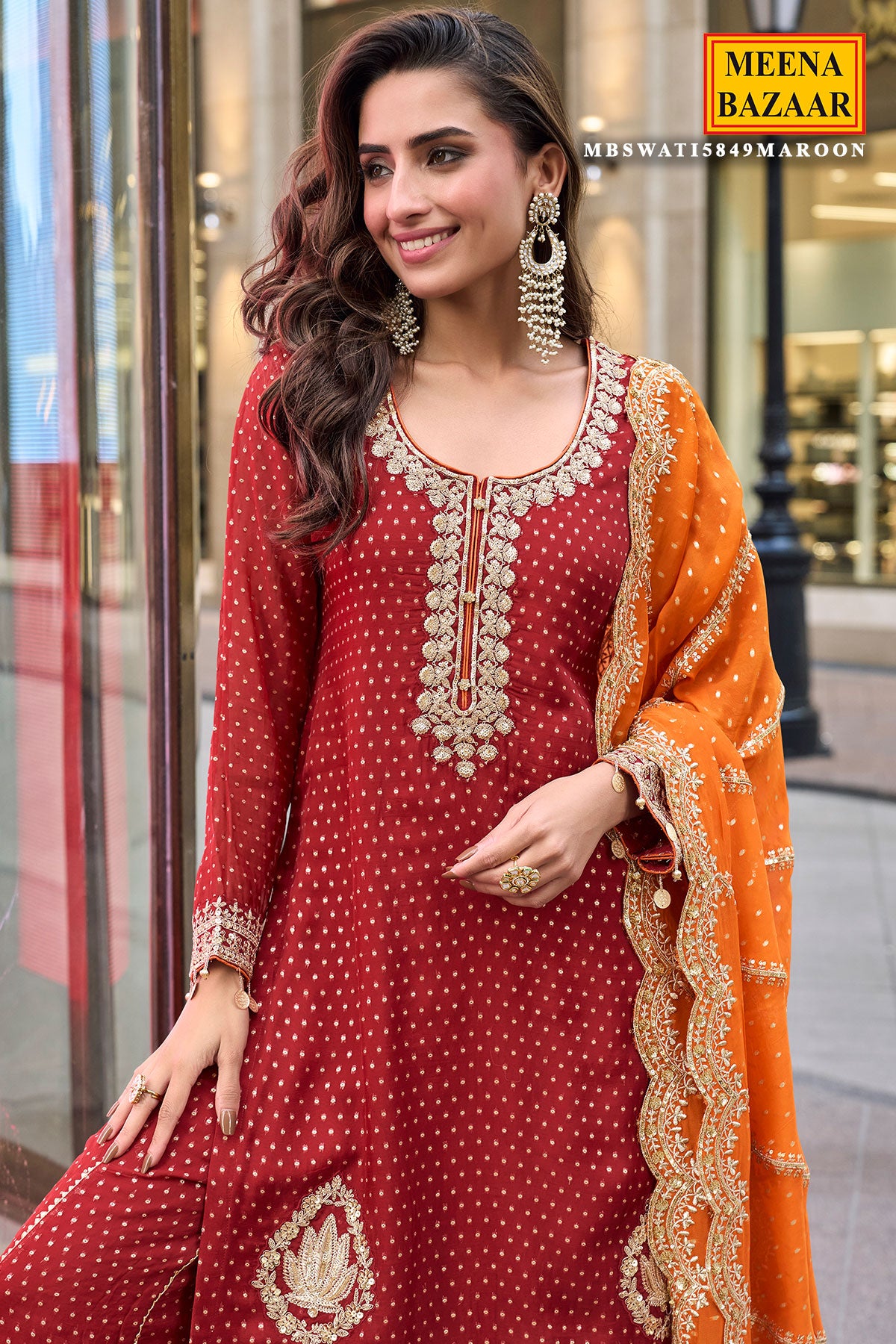 Crimson Red Embroidered Sharara Ready Made Suit with Orange Dupatta