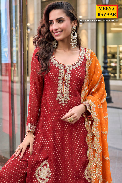 Crimson Red Embroidered Sharara Ready Made Suit with Orange Dupatta