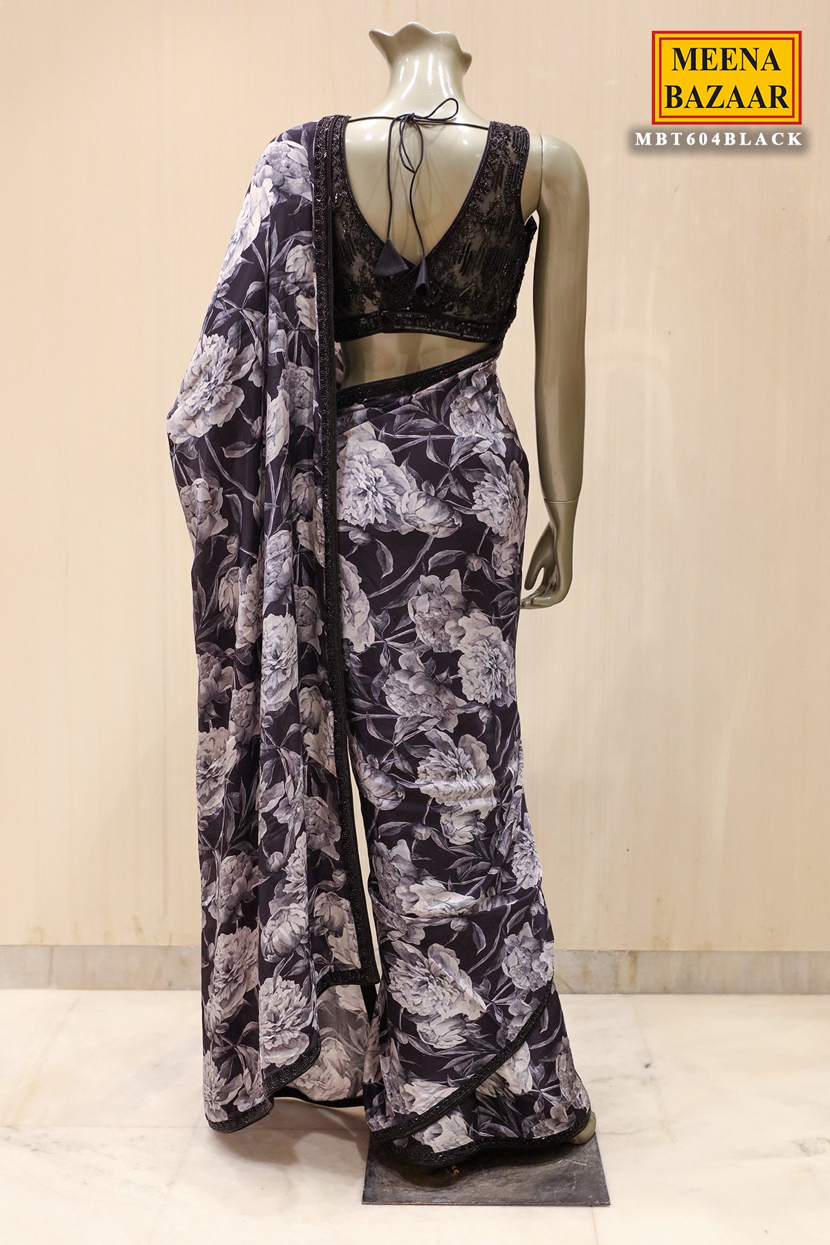 Black Satin Silk Swarovski Embroidered Saree