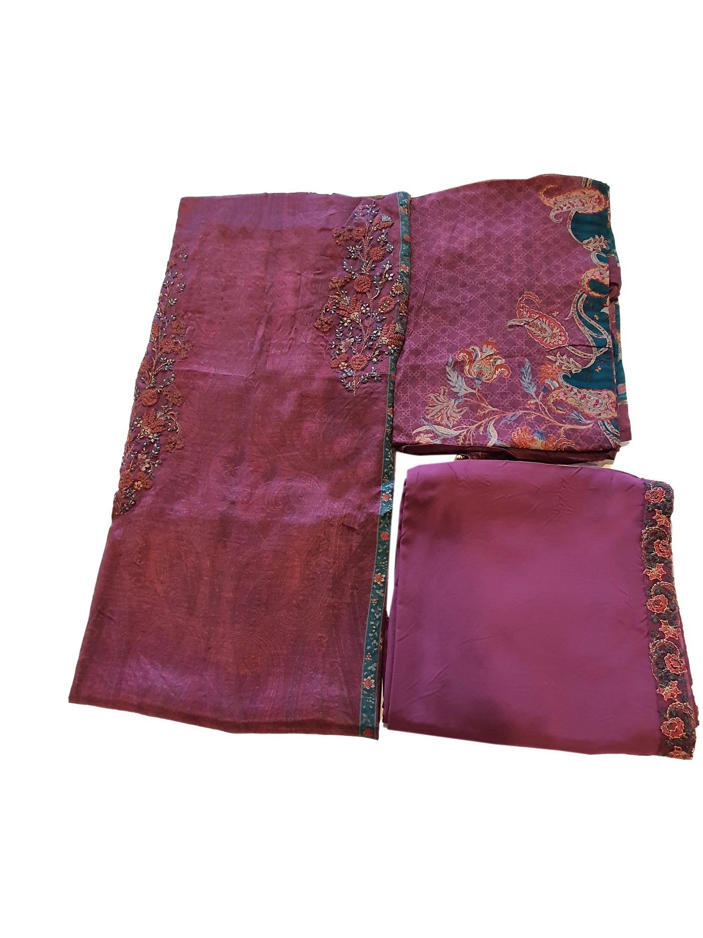 Wine Blended Silk Floral Printed Floral Zari and Threadwork Embroidered Suit Set
