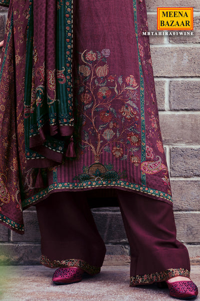 Wine Blended Silk Floral Printed Floral Zari and Threadwork Embroidered Suit Set