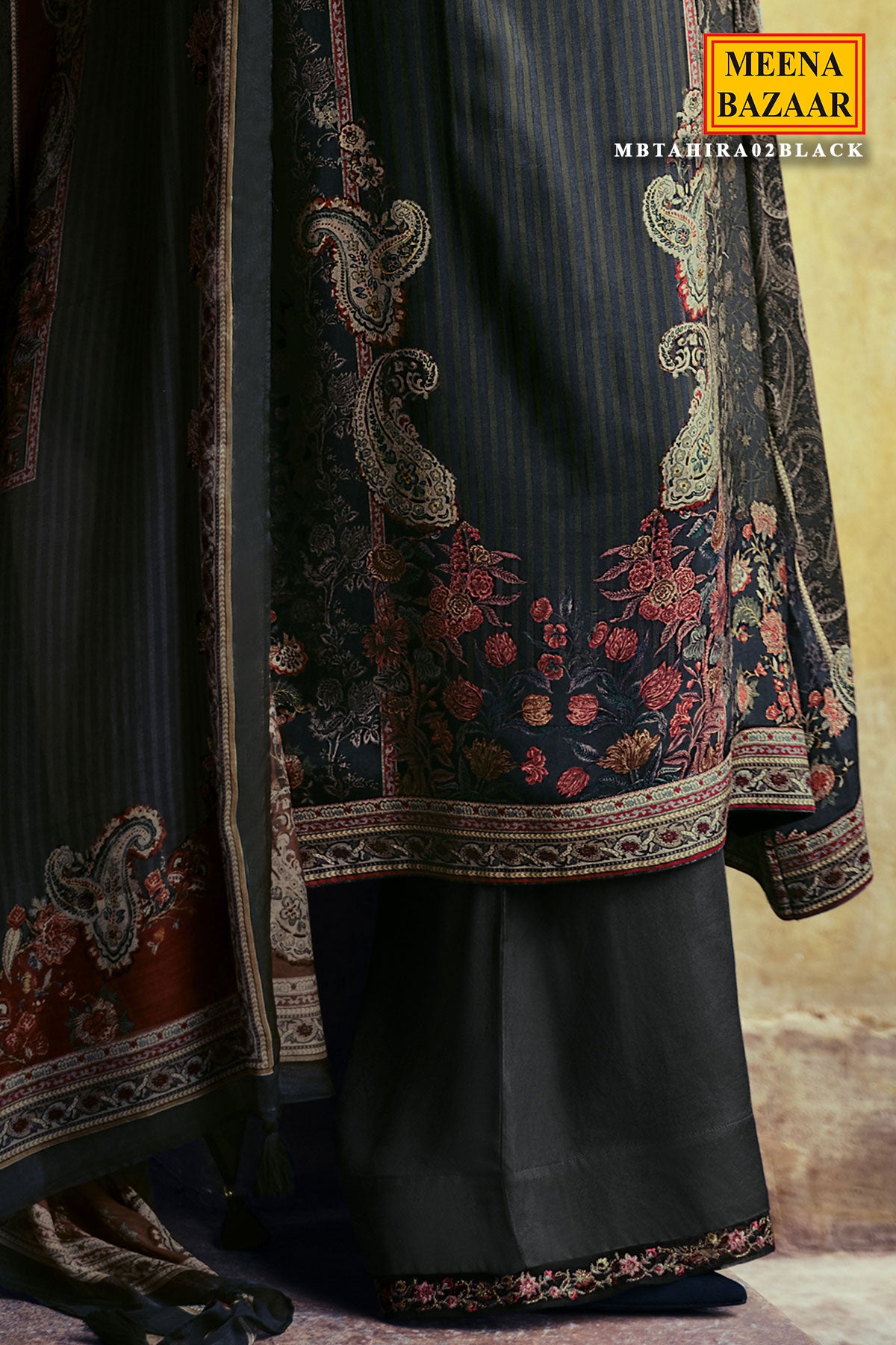 Black Blended Silk Floral Printed Floral Zari and Threadwork Embroidered Suit Set