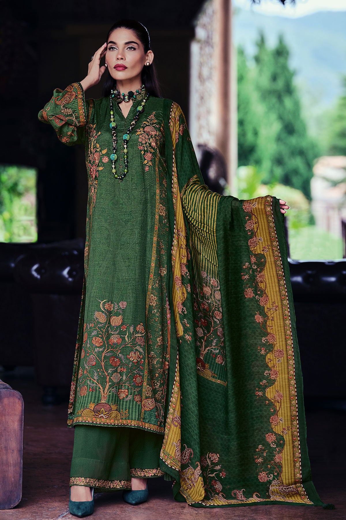 Bottle Green Blended Silk Floral Printed Floral Zari and Threadwork Embroidered Suit Set