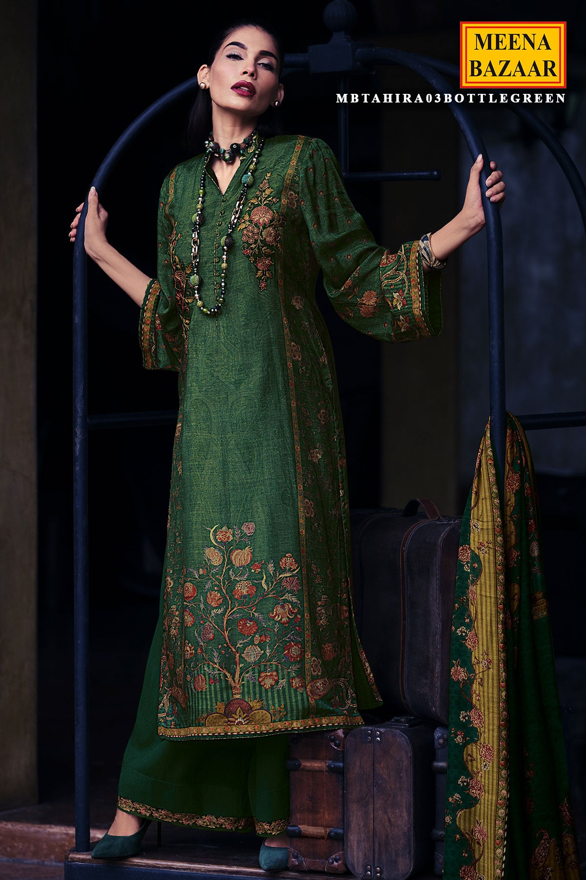 Bottle Green Blended Silk Floral Printed Floral Zari and Threadwork Embroidered Suit Set