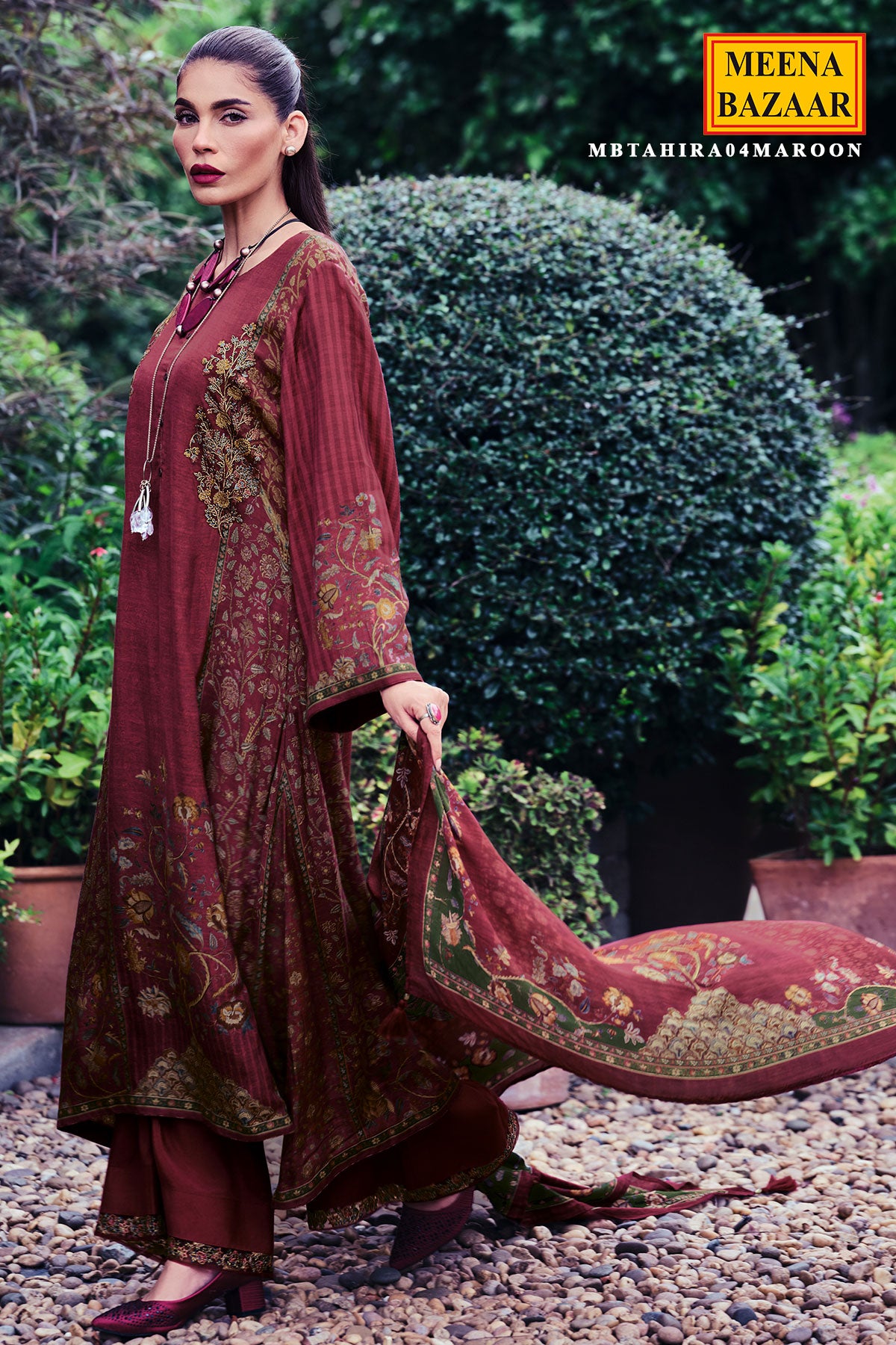 Maroon Blended Silk Floral Printed Floral Zari and Threadwork Embroidered Suit Set