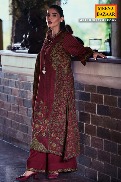 Maroon Blended Silk Floral Printed Floral Zari and Threadwork Embroidered Suit Set