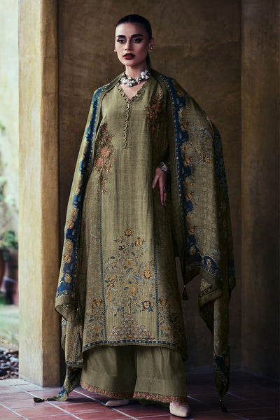 Mehandi Blended Silk Floral Printed Floral Zari and Threadwork Embroidered Suit Set