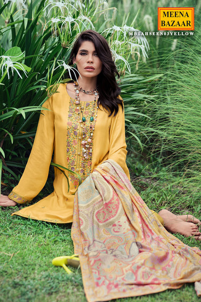 Yellow Chanderi Silk Floral Thread Embroidered Suit Set
