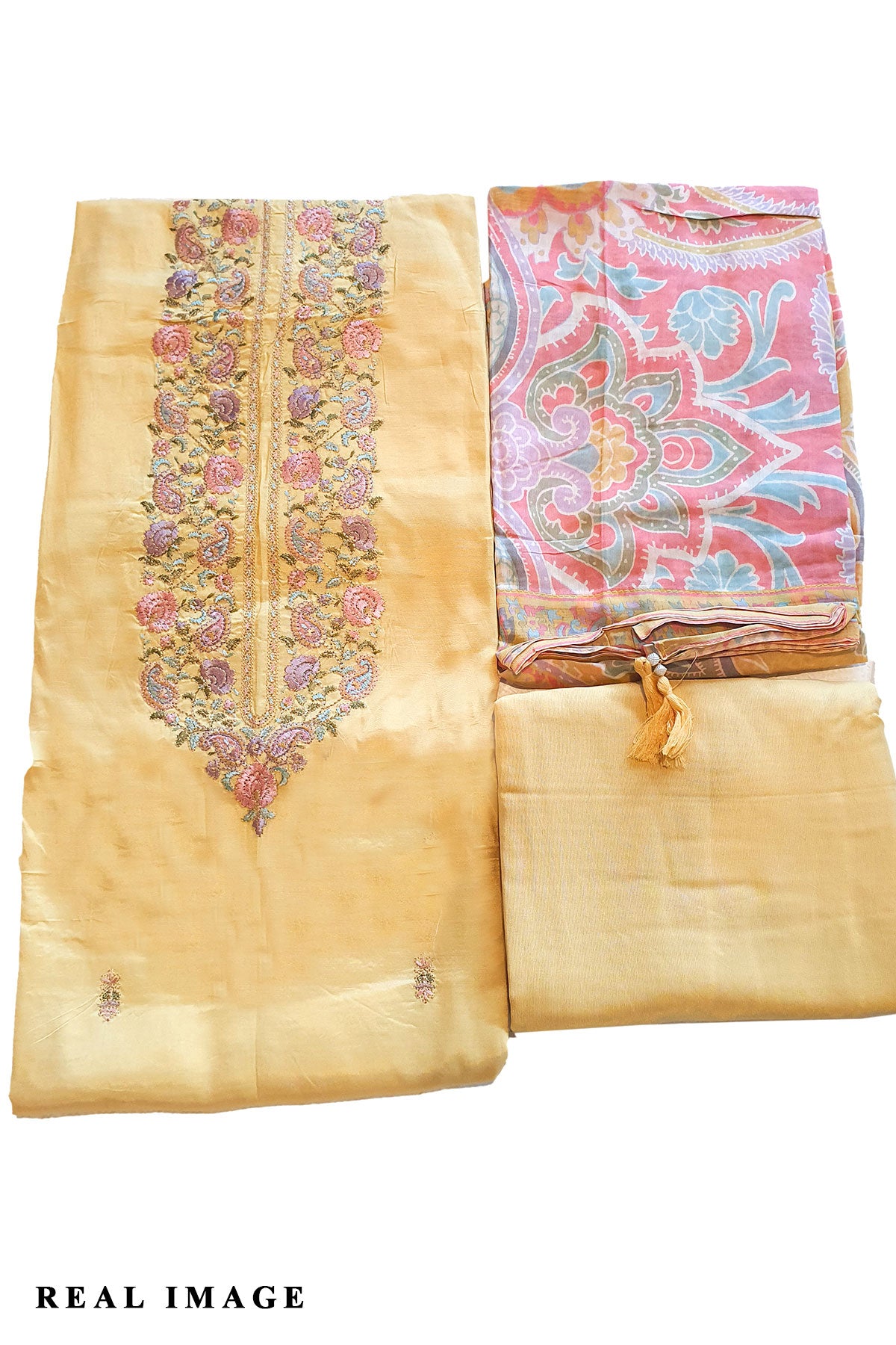 Yellow Chanderi Silk Floral Thread Embroidered Suit Set