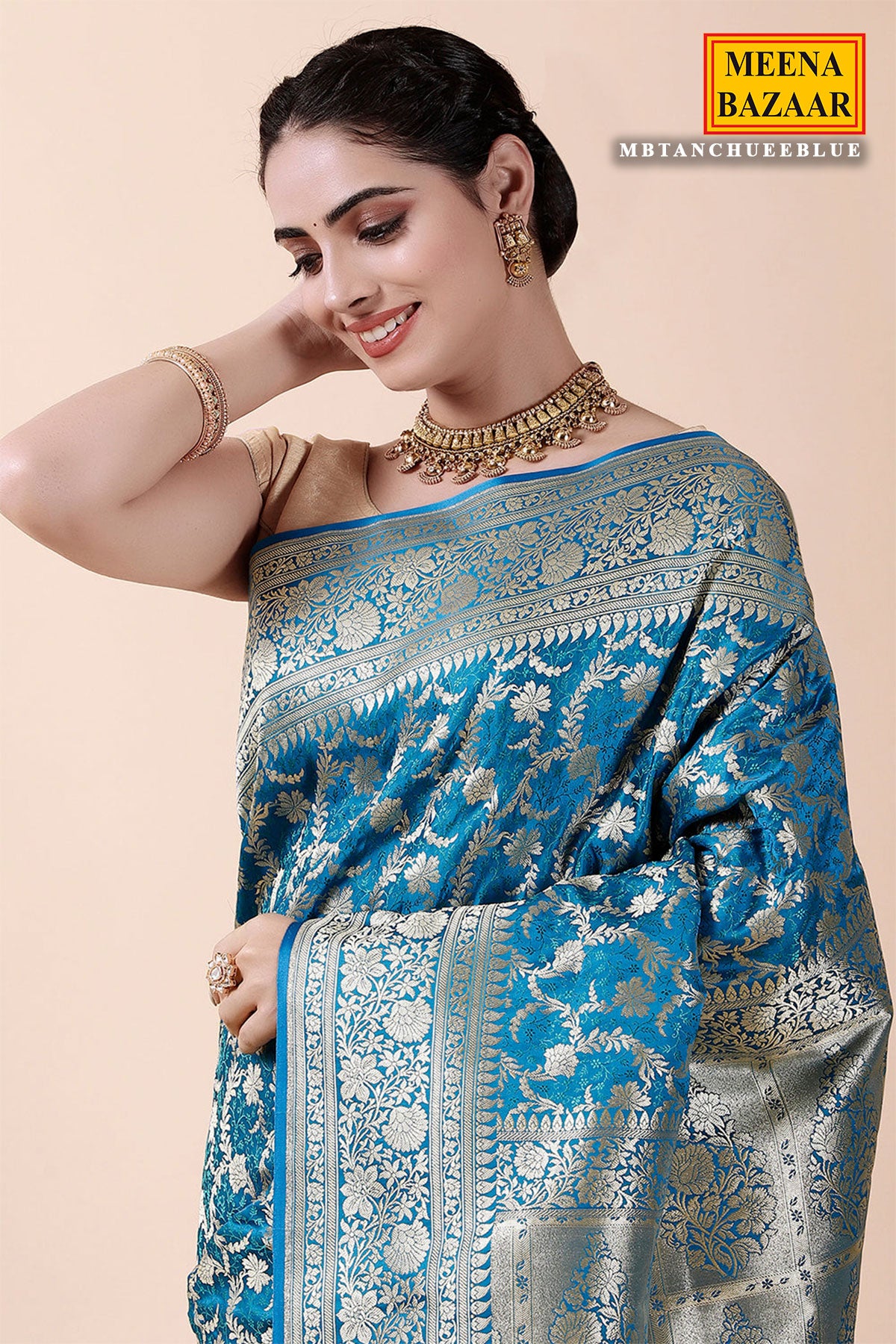 Blue Banarasi Silk Floral Woven Saree