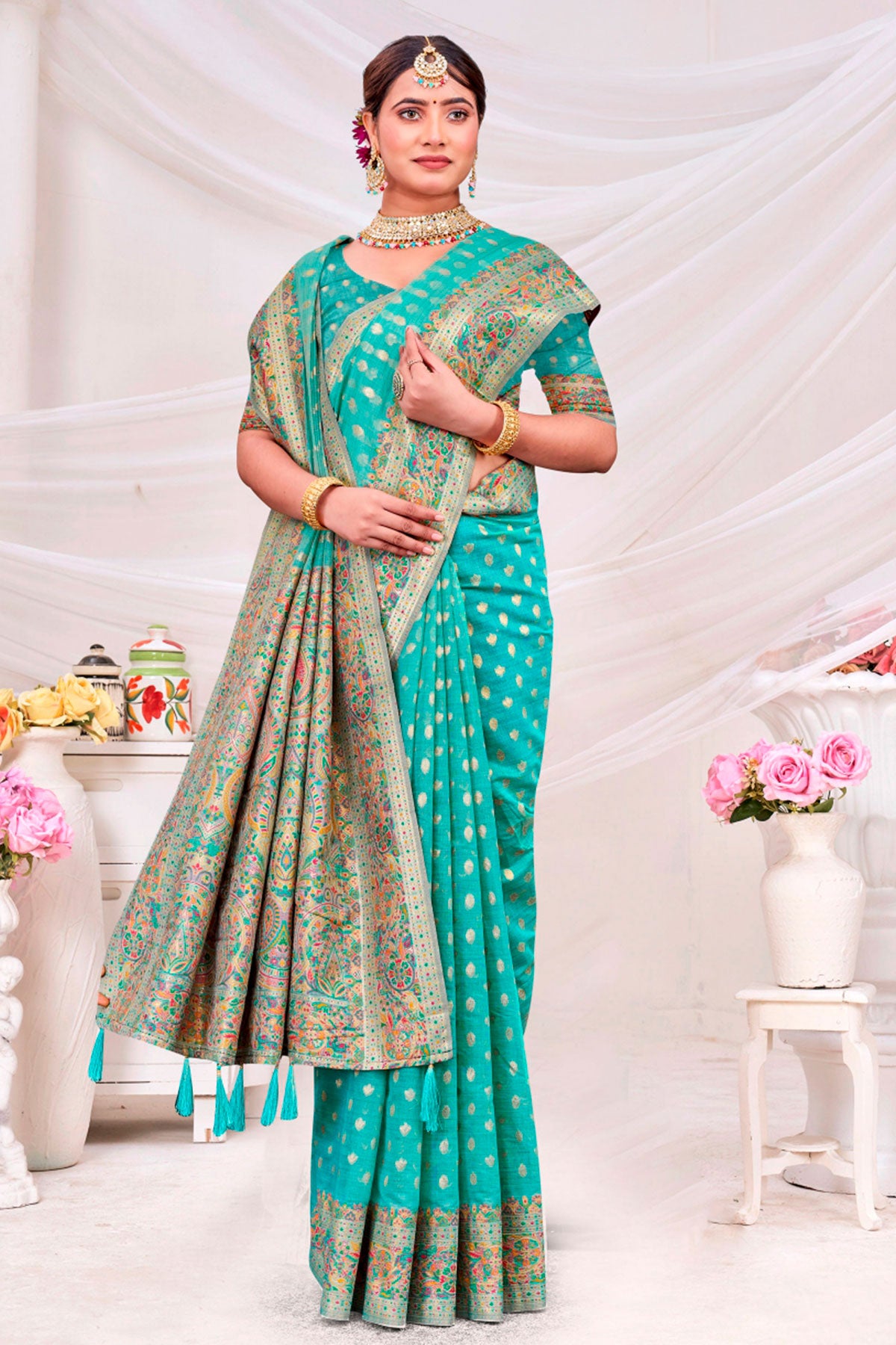 Firozi Chanderi Silk Saree With Floral Zari Weaving