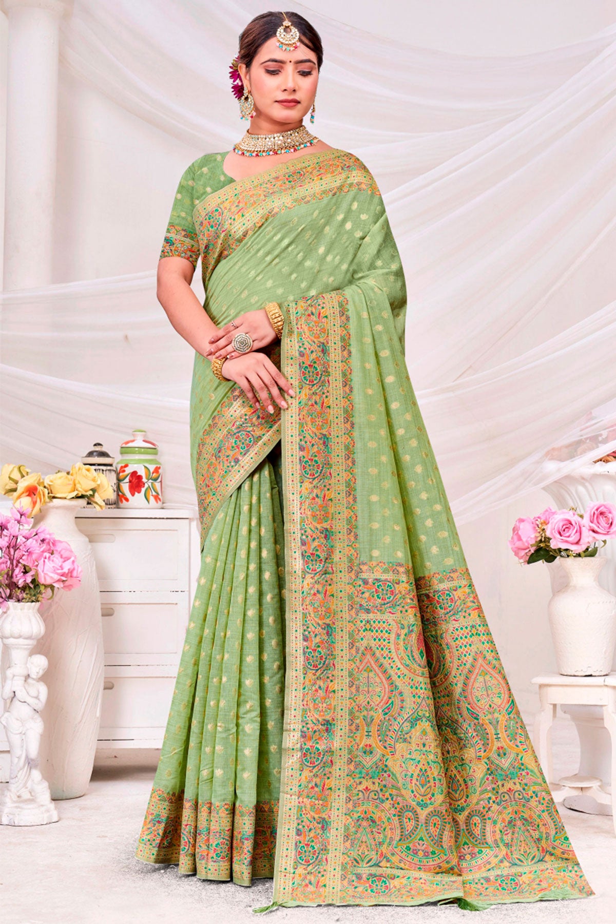 Pista Chanderi Silk Saree With Floral Zari Weaving