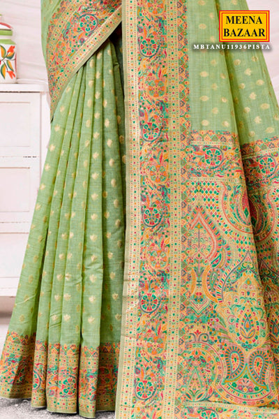 Pista Chanderi Silk Saree With Floral Zari Weaving