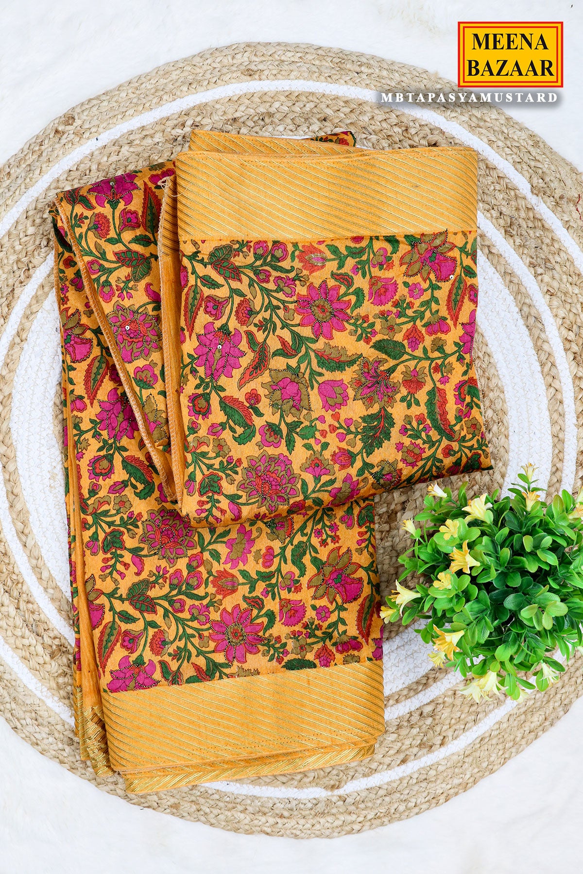 Mustard Floral Printed Cotton Saree