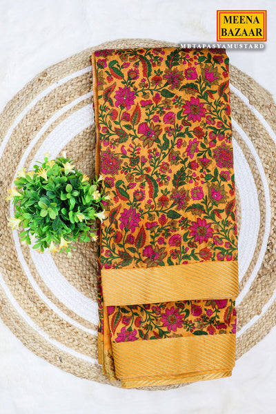 Mustard Floral Printed Cotton Saree