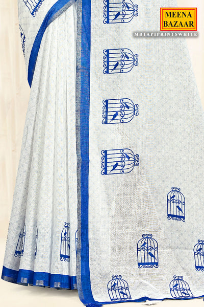 White & Blue Cotton Printed Saree
