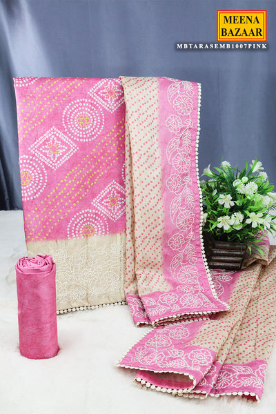 Pink Tussar Silk Bandhani Print Unstitched Suit Set