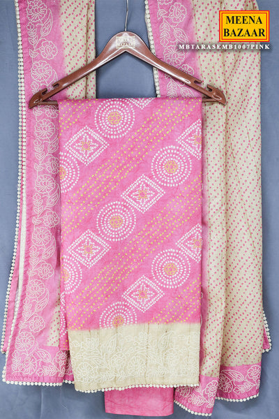 Pink Tussar Silk Bandhani Print Unstitched Suit Set