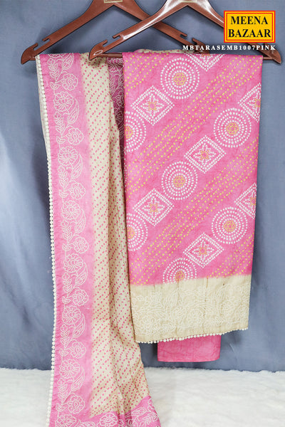 Pink Tussar Silk Bandhani Print Unstitched Suit Set