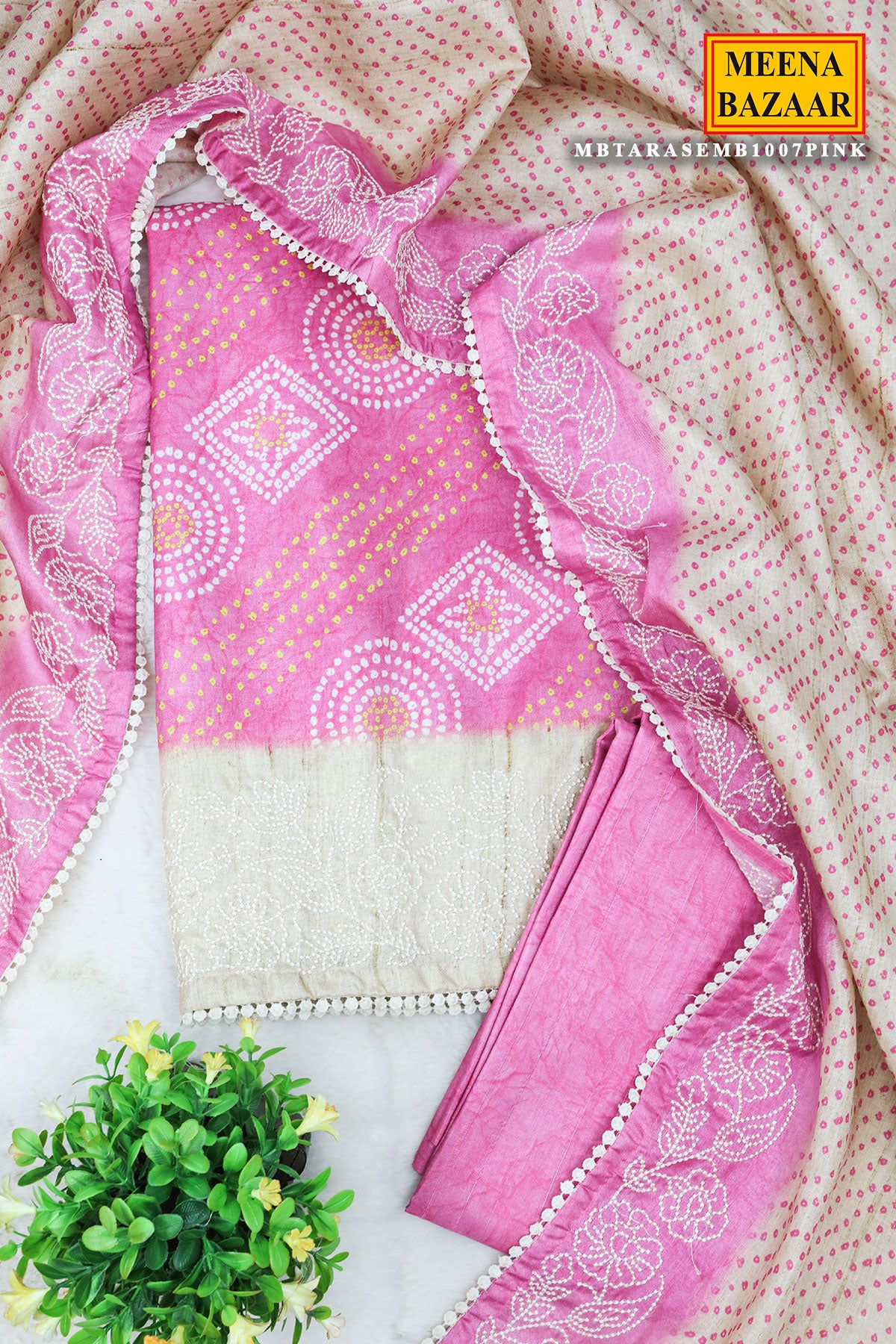 Pink Tussar Silk Bandhani Print Unstitched Suit Set