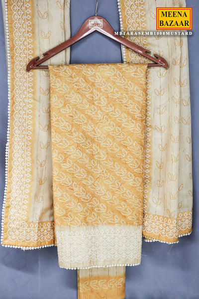 Mustard Tussar Silk Bandhani Print Unstitched Suit Set