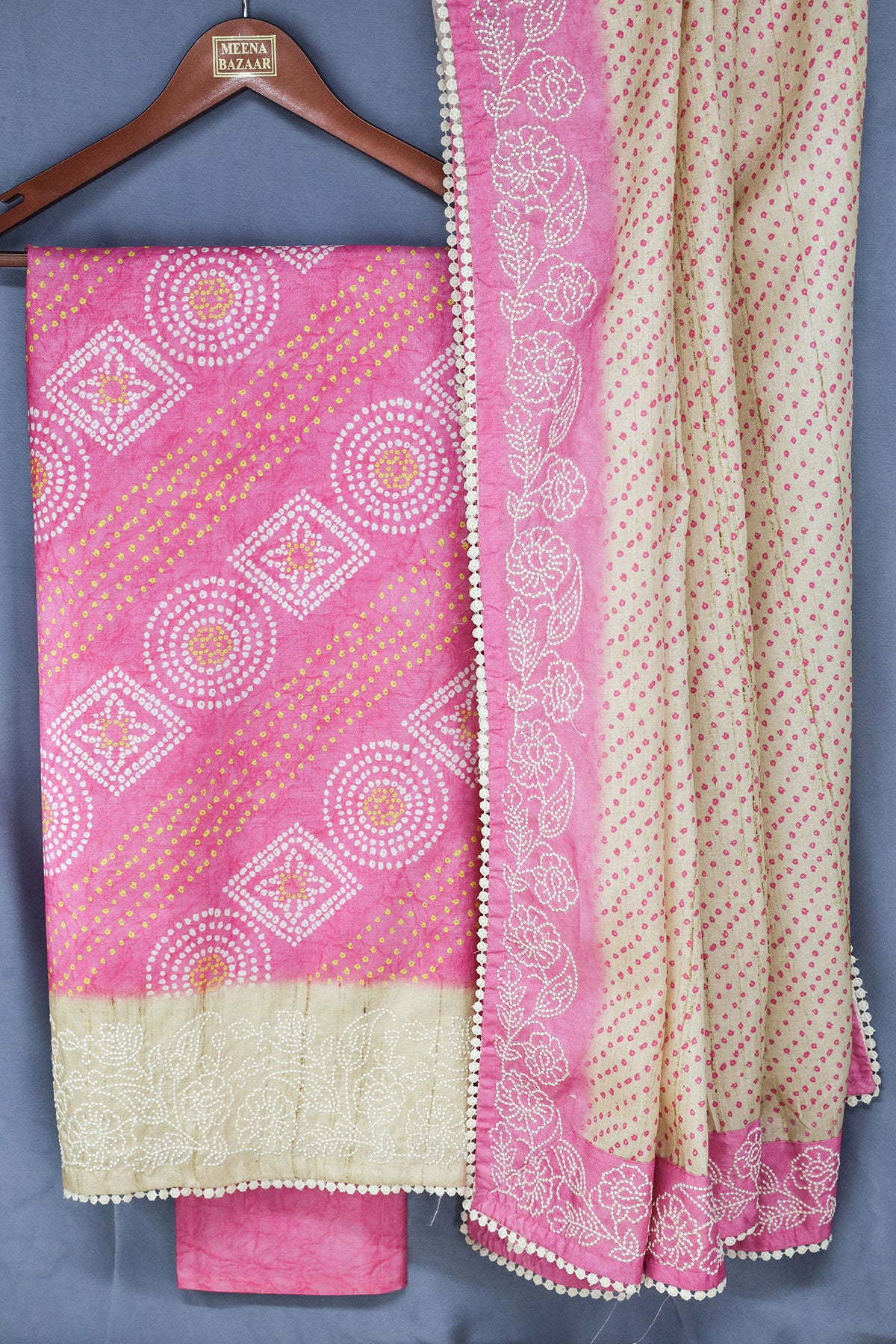 Pink Tussar Silk Bandhani Print Unstitched Suit Set