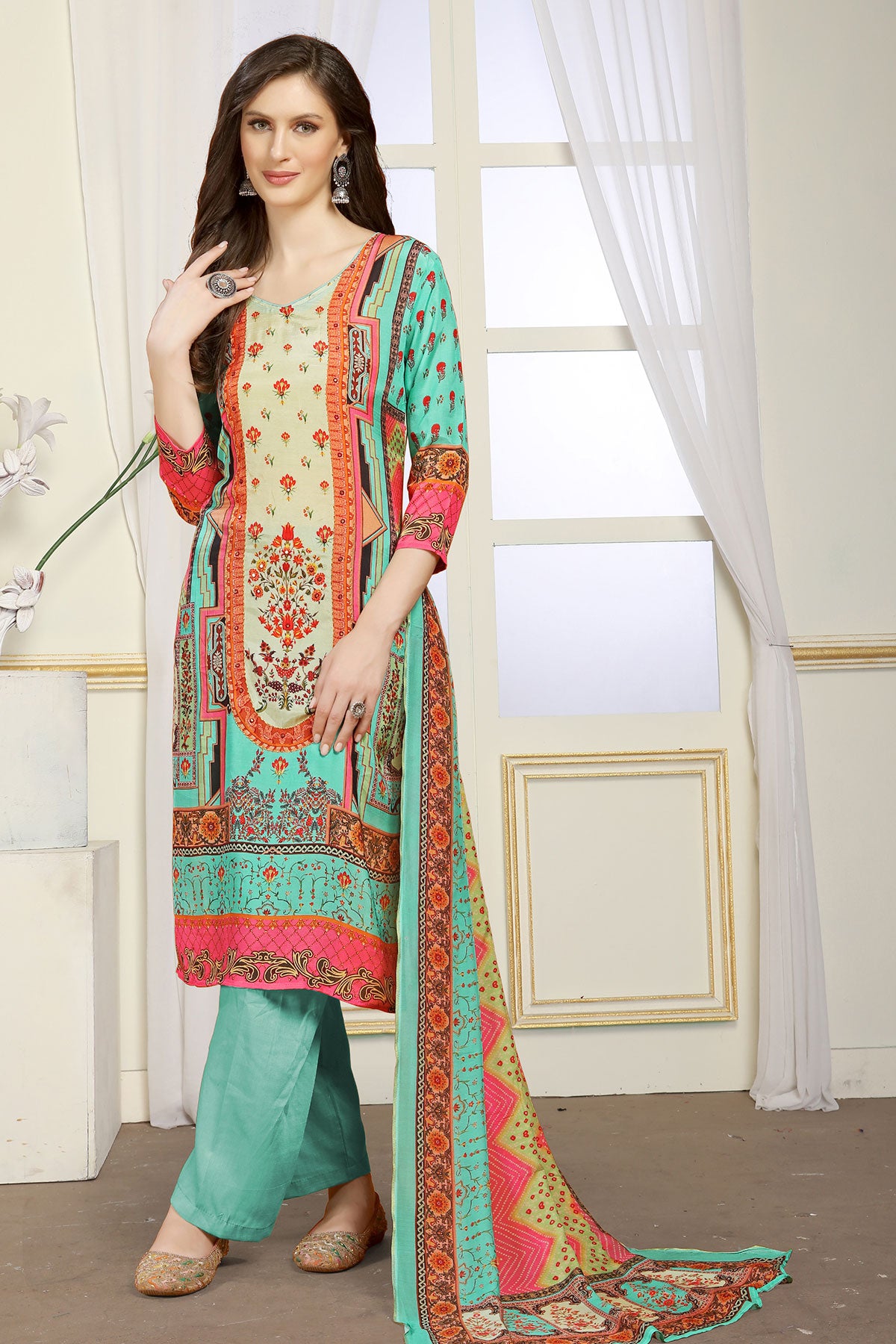 Firozi Viscose Muslin Zari Sequin Printed Work Suit Set