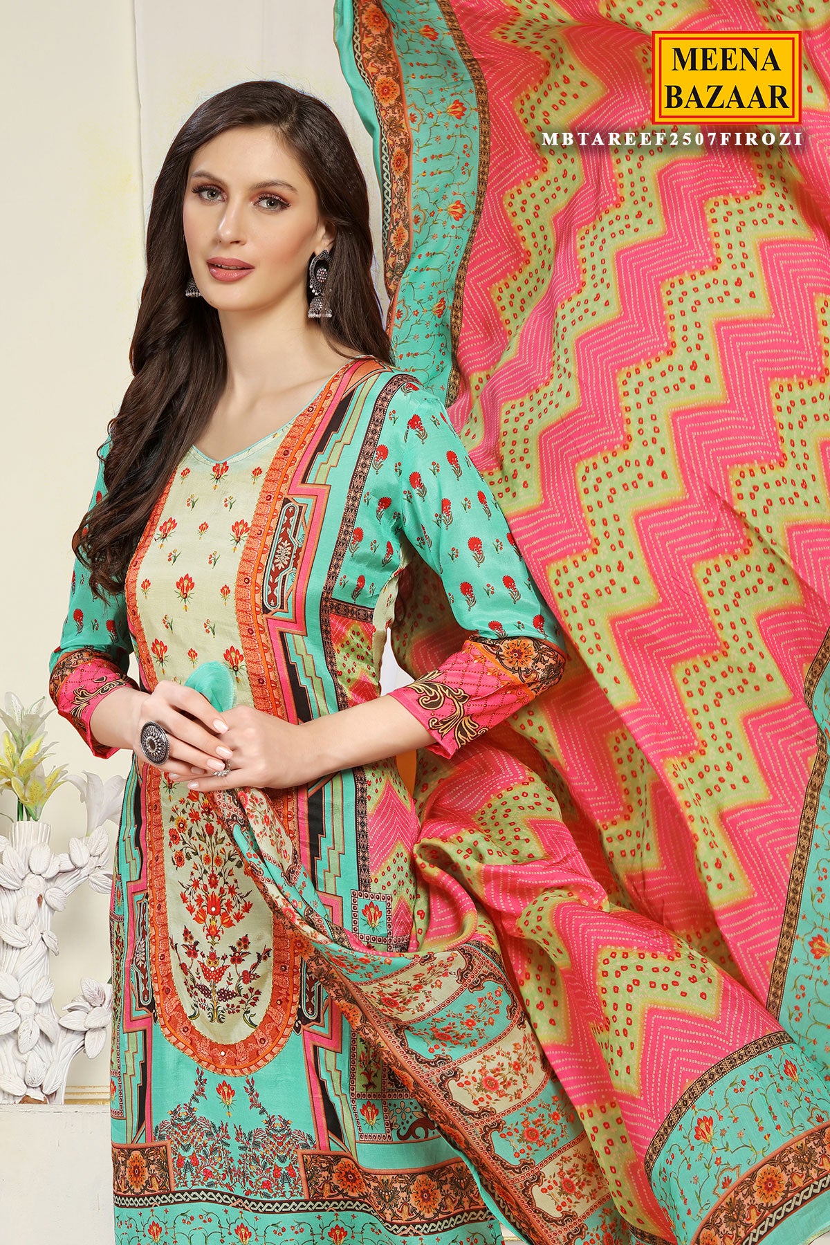 Firozi Viscose Muslin Zari Sequin Printed Work Suit Set