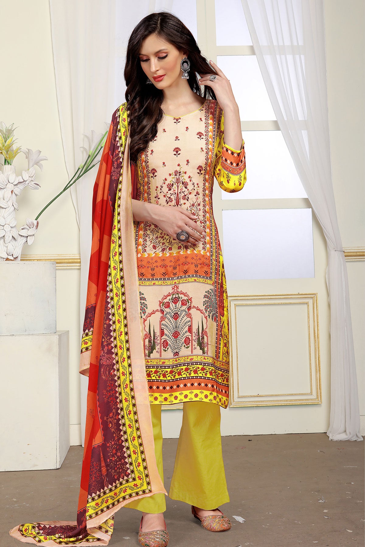 Mustard Viscose Muslin Zari Sequin Printed Work Suit Set