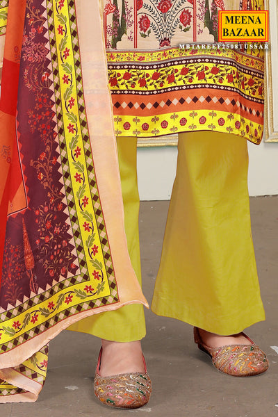 Mustard Viscose Muslin Zari Sequin Printed Work Suit Set