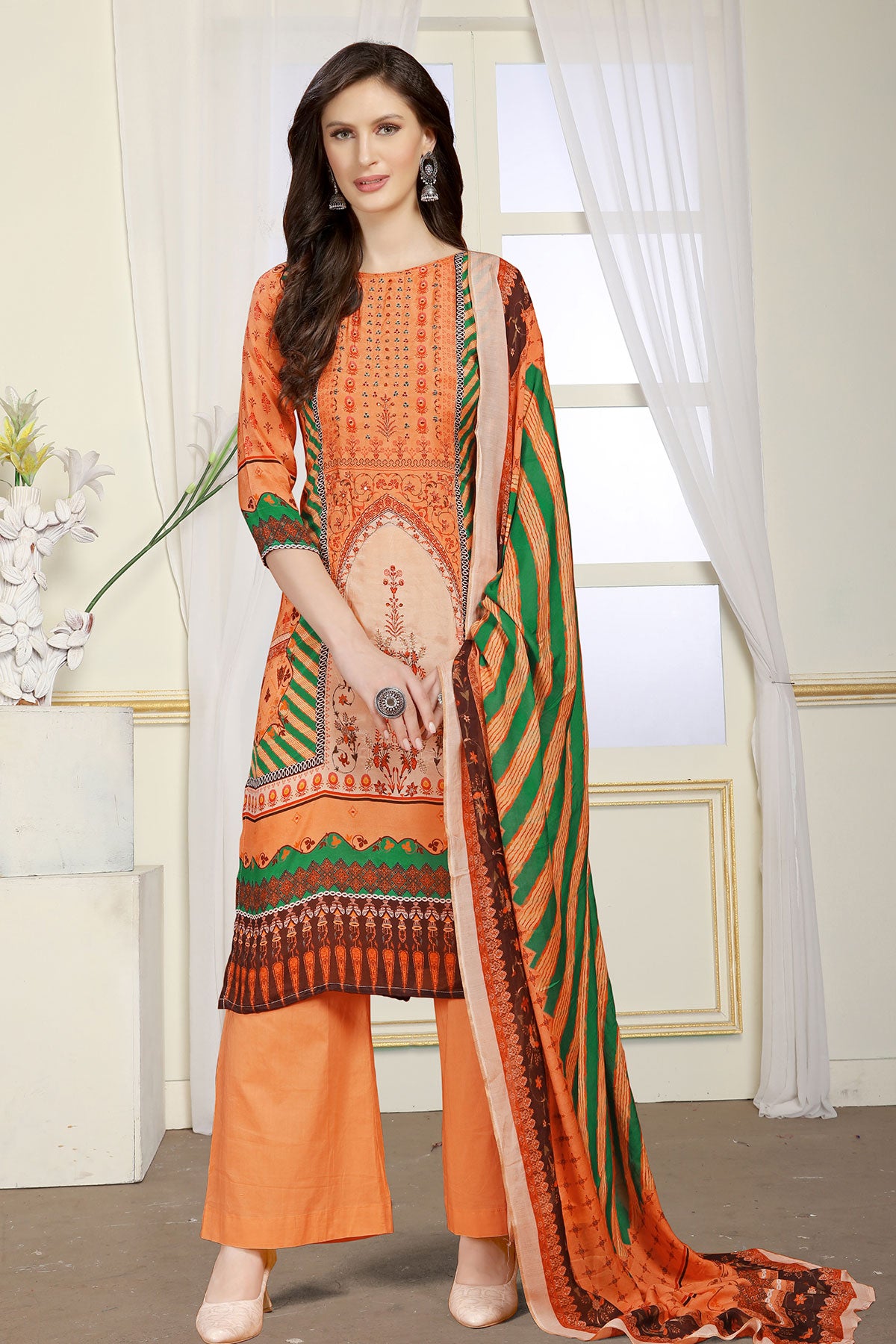 Peach Viscose Muslin Zari Sequin Printed Work Suit Set