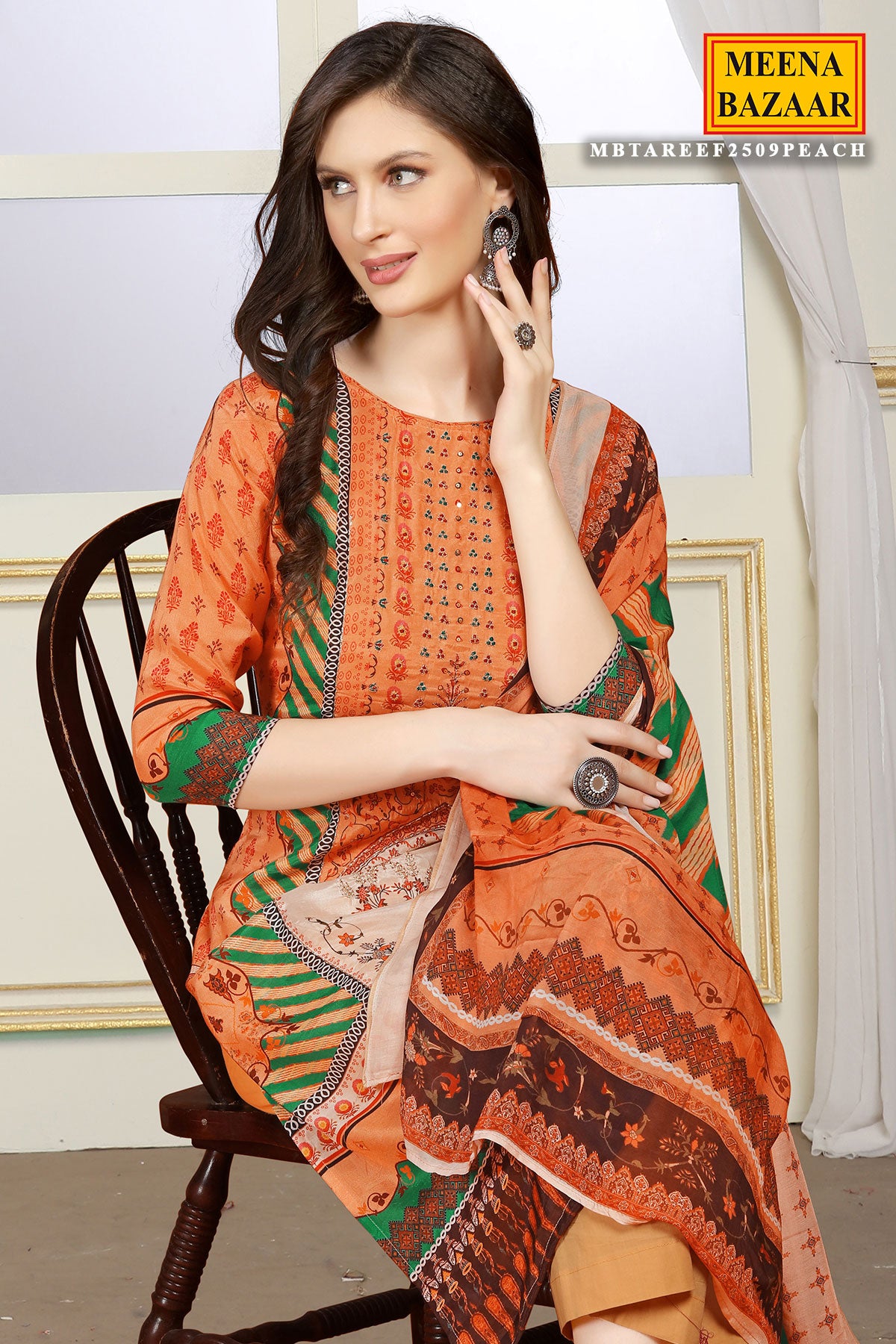 Peach Viscose Muslin Zari Sequin Printed Work Suit Set