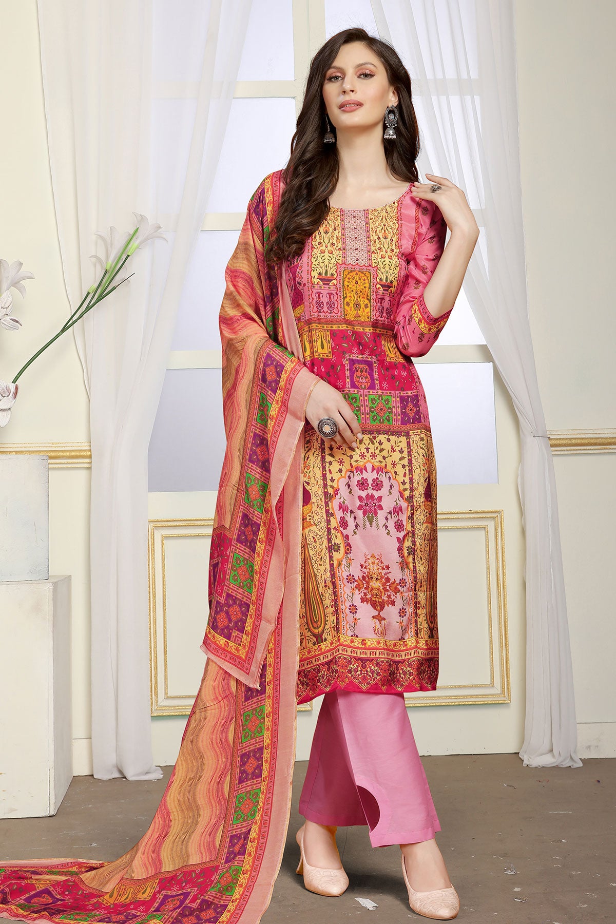 Pink Viscose Muslin Zari Sequin Printed Work Suit Set