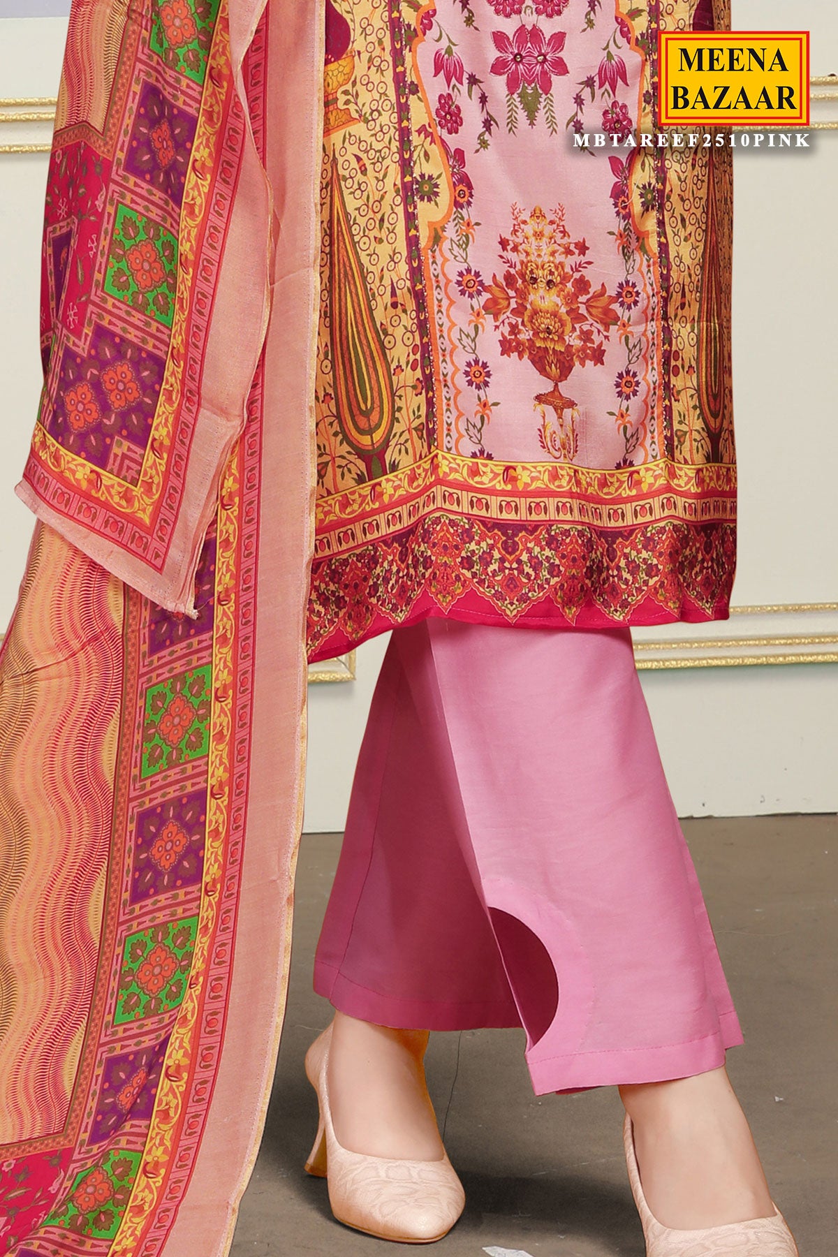 Pink Viscose Muslin Zari Sequin Printed Work Suit Set