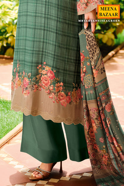 Sea Green Floral Thread Work With Print Pashmina Suit Set