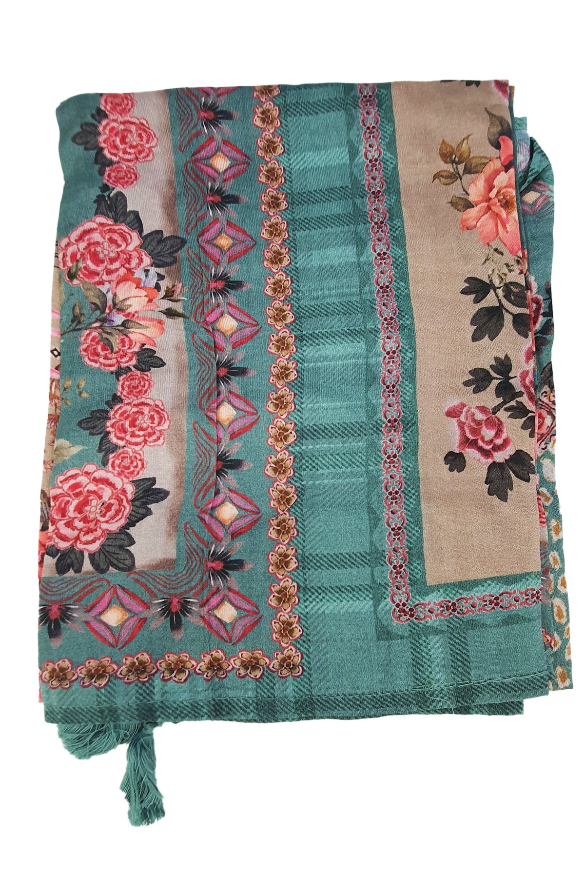 Sea Green Floral Thread Work With Print Pashmina Suit Set