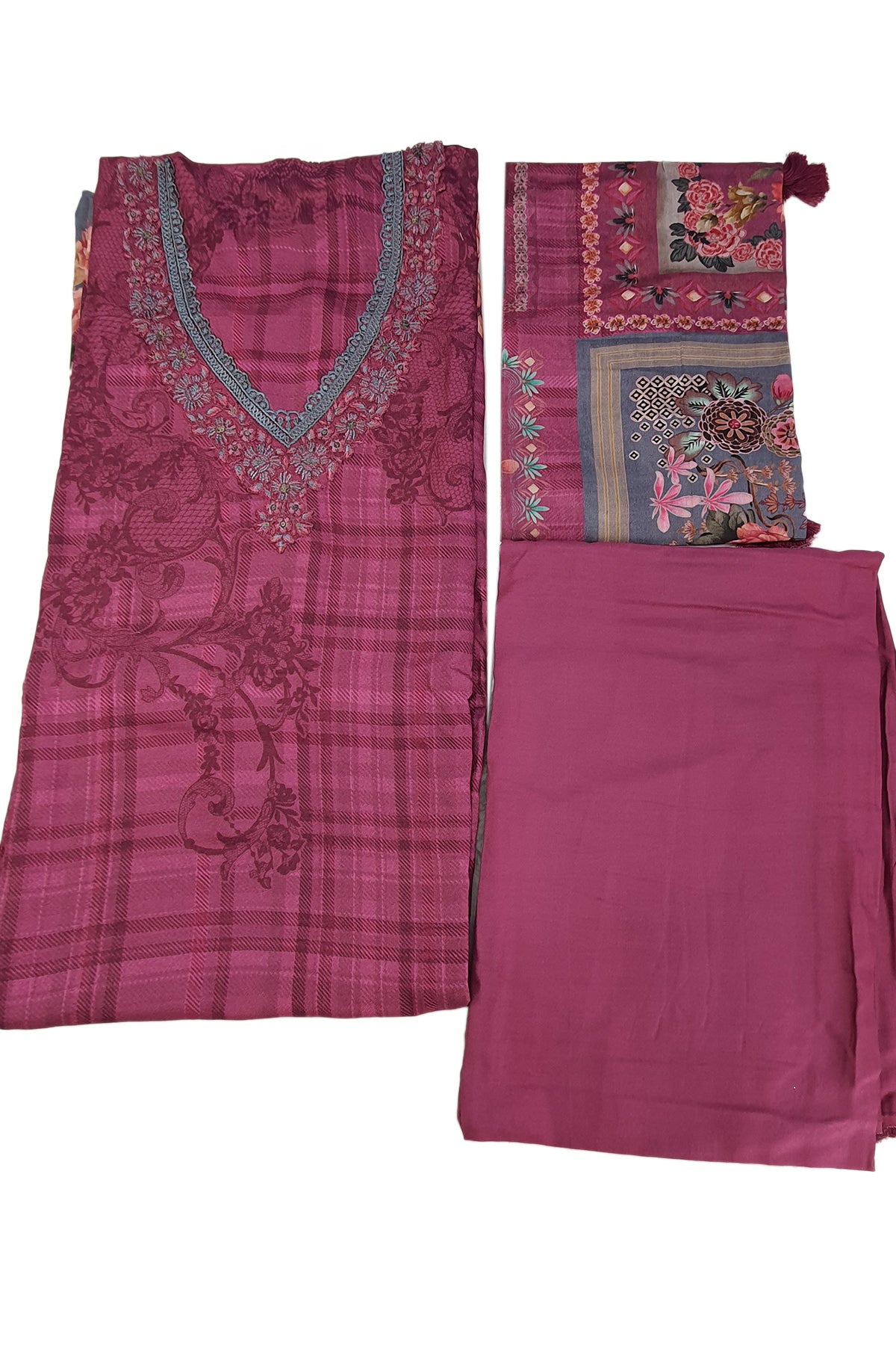 Gajari Floral Thread Work With Print Pashmina Suit Set