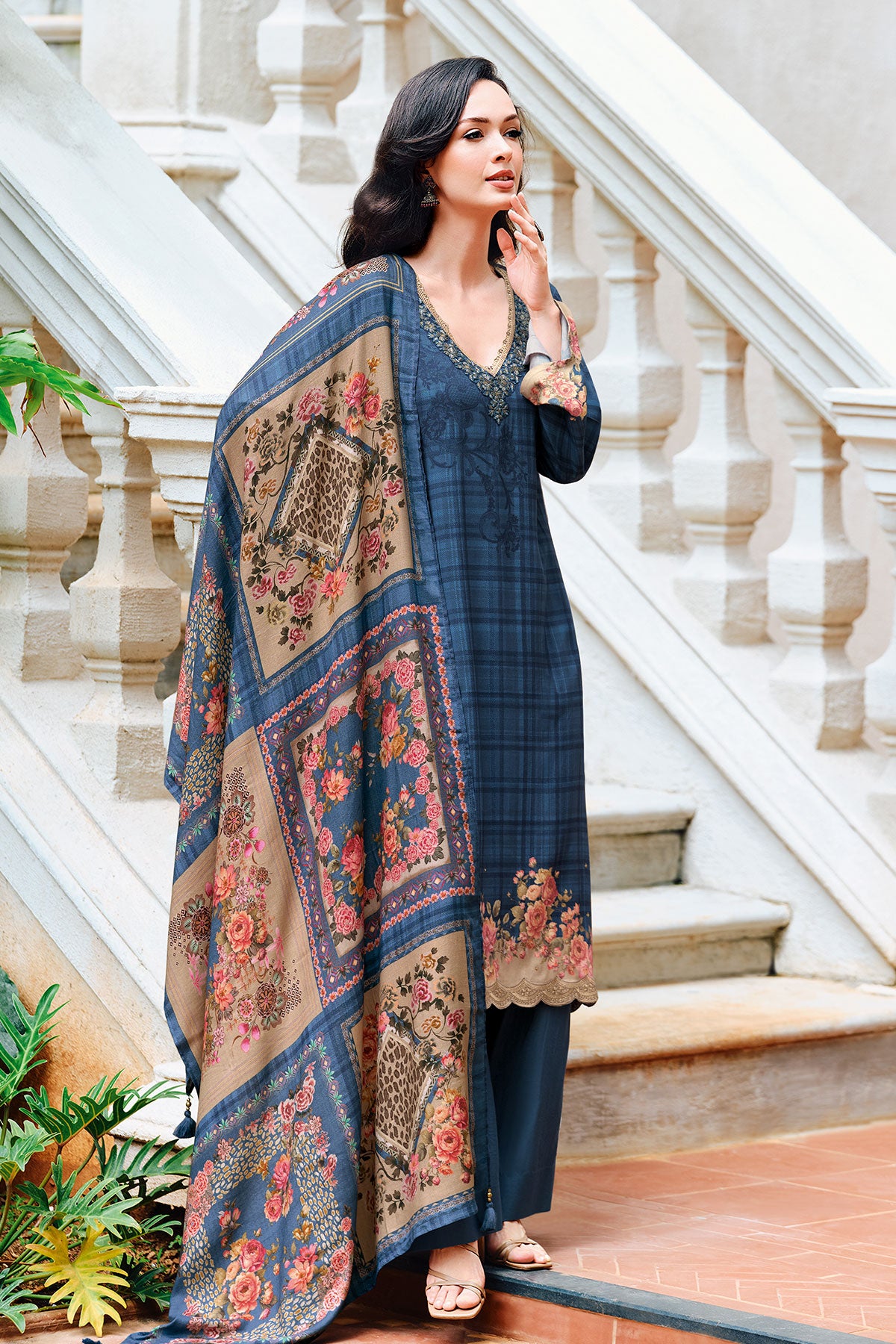 Blue Floral Thread Work With Print Pashmina Suit Set