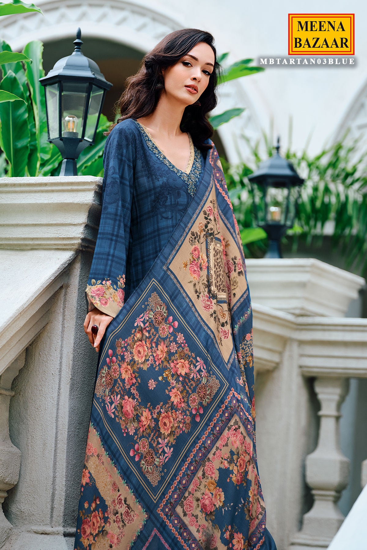 Blue Floral Thread Work With Print Pashmina Suit Set