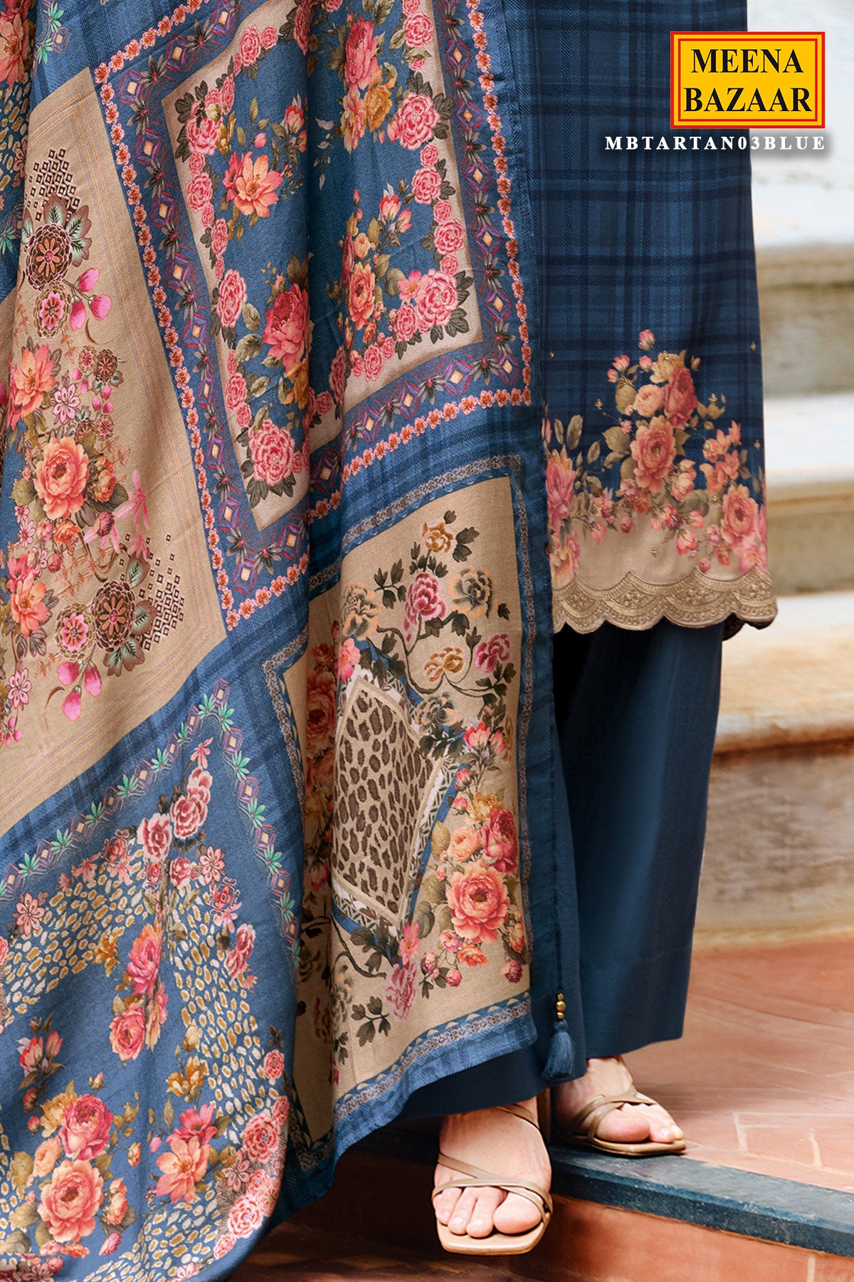 Blue Floral Thread Work With Print Pashmina Suit Set