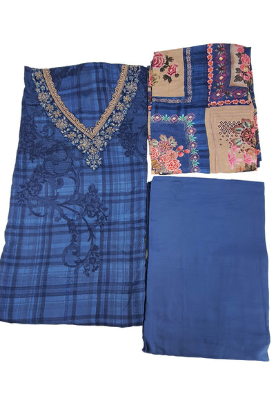 Blue Floral Thread Work With Print Pashmina Suit Set