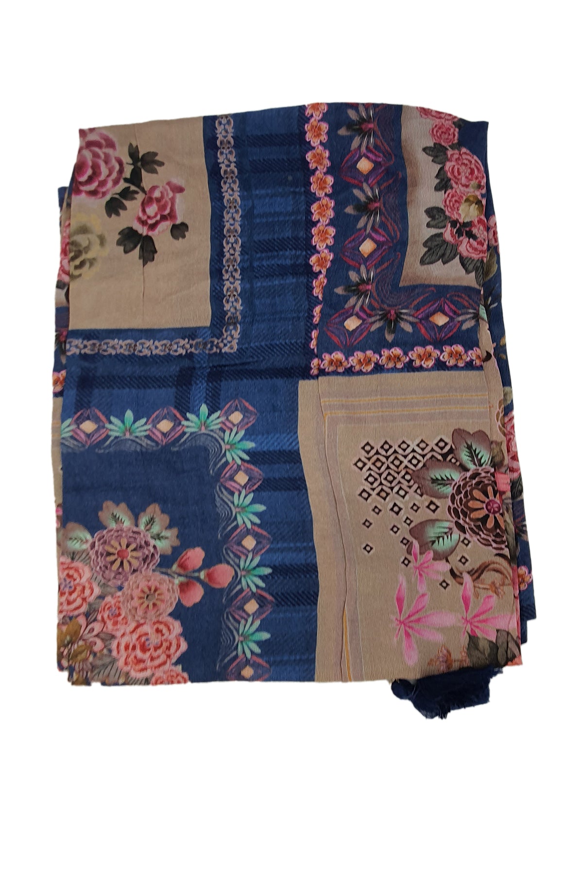 Blue Floral Thread Work With Print Pashmina Suit Set