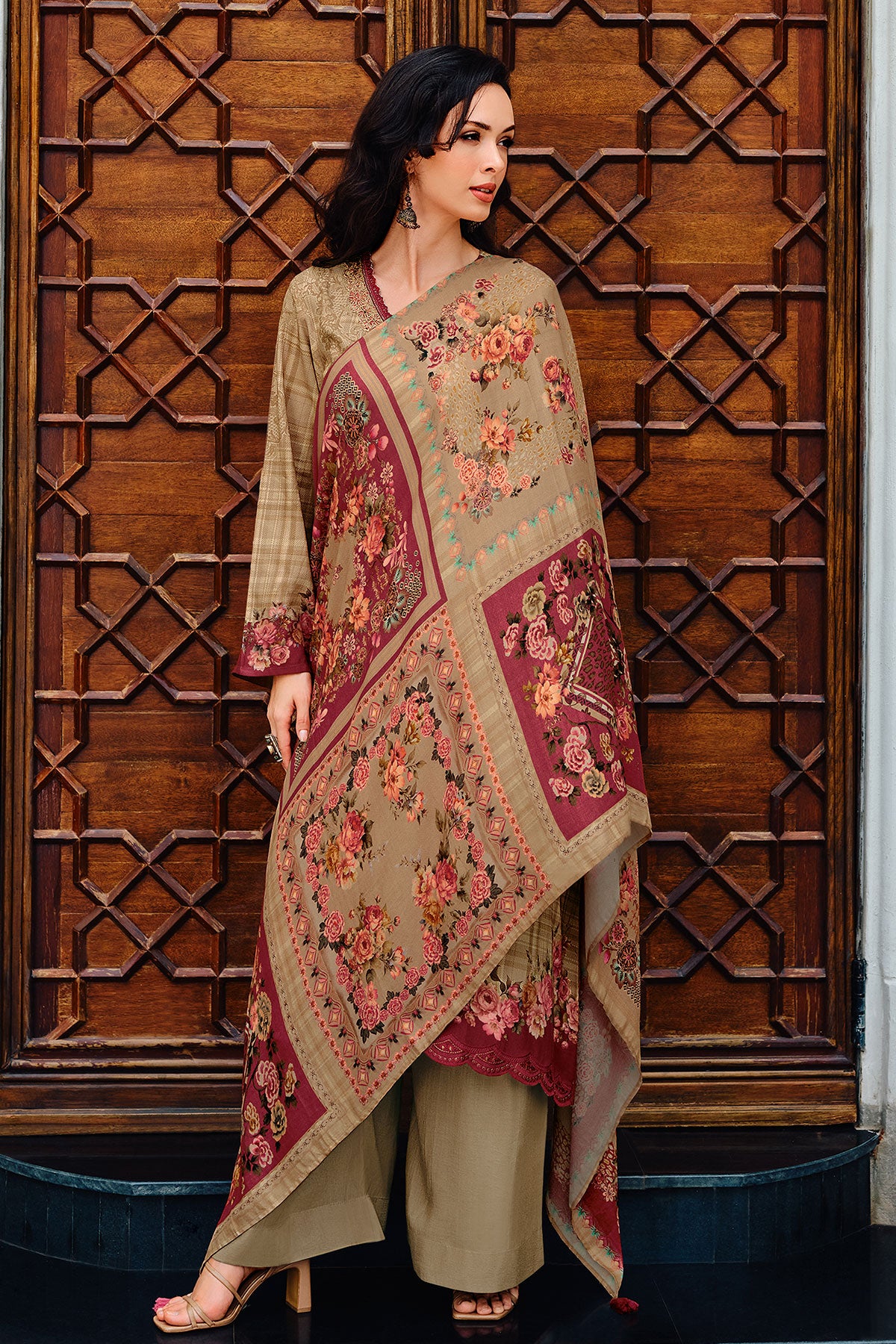 Beige Floral Thread Work With Print Pashmina Suit Set