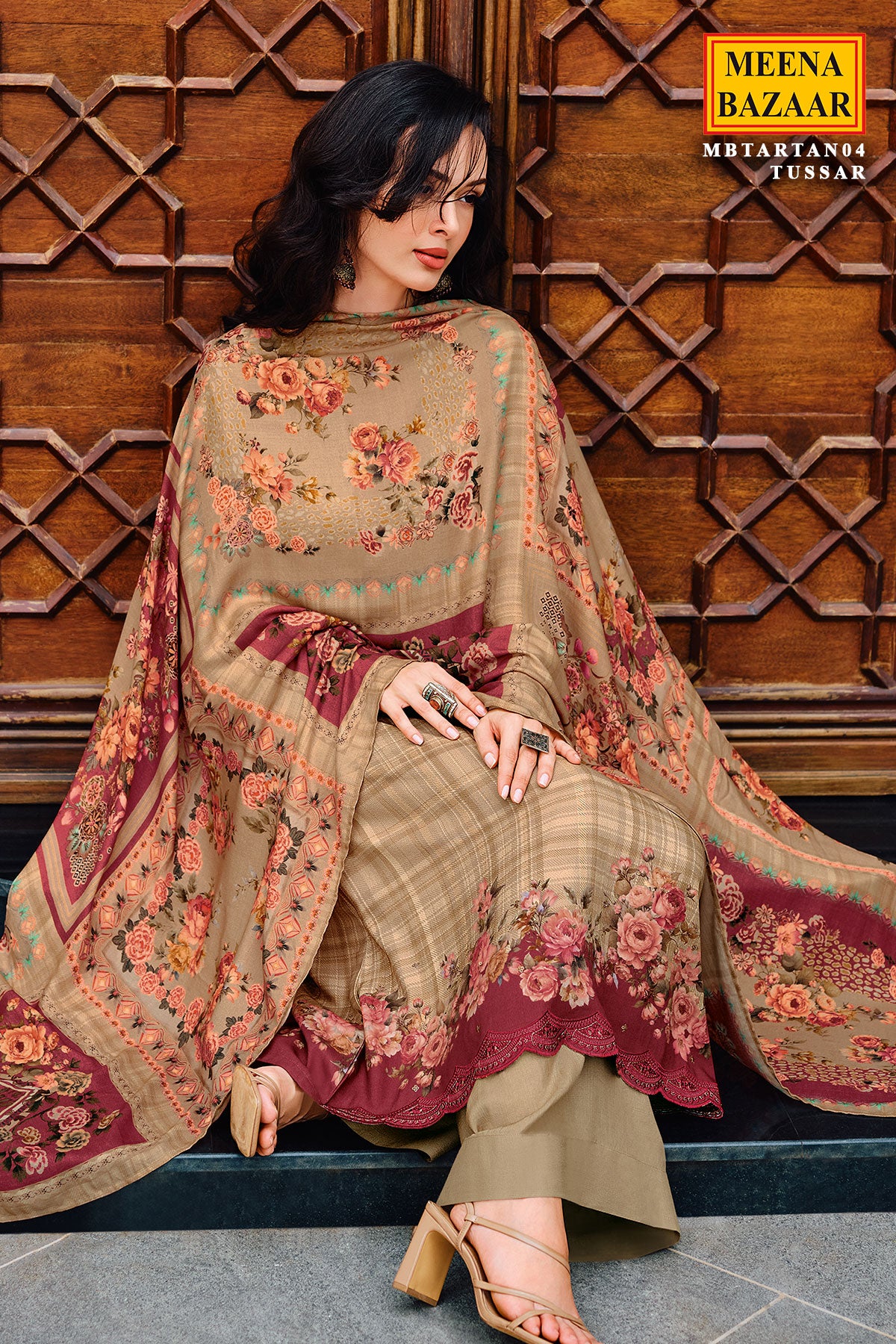 Beige Floral Thread Work With Print Pashmina Suit Set