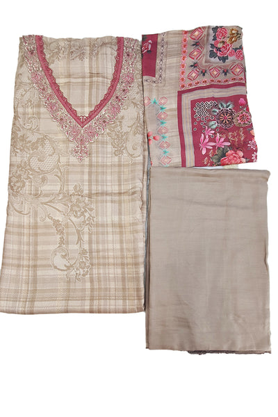 Beige Floral Thread Work With Print Pashmina Suit Set